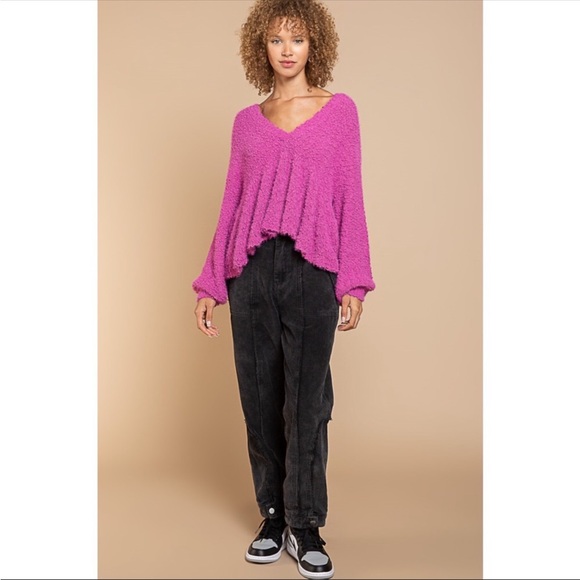 Hot Pink Magenta Balloon Sleeves Popcorn Sweater - Picture 6 of 11